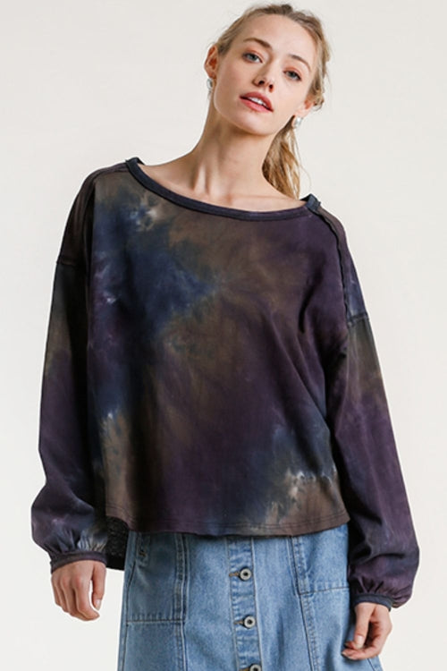 Umgee Full Size Tie Dye Round Neck Long Balloon Sleeve Top Plus Size