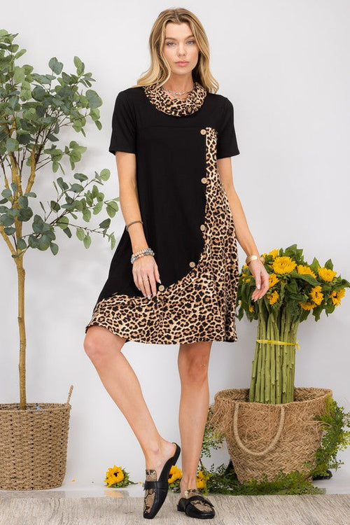 Celeste Full Size Decor Button Leopard Short Sleeve Dress Plus Size