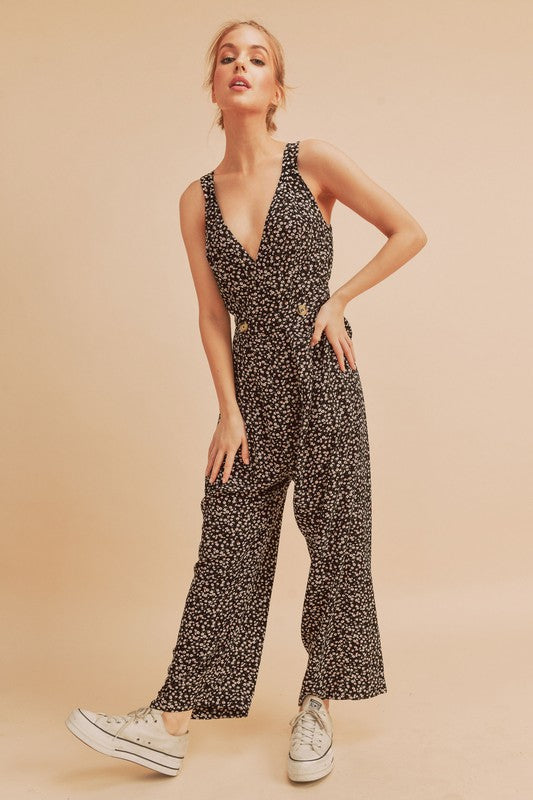 Aemi + Co Ditsy Floral Surplice Sleeveless Wide Leg Jumpsuit