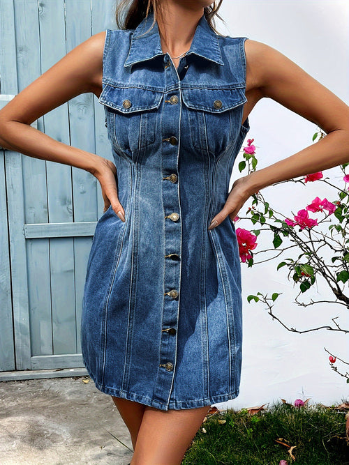 Pocketed Button Up Sleeveless Denim Dress Designer