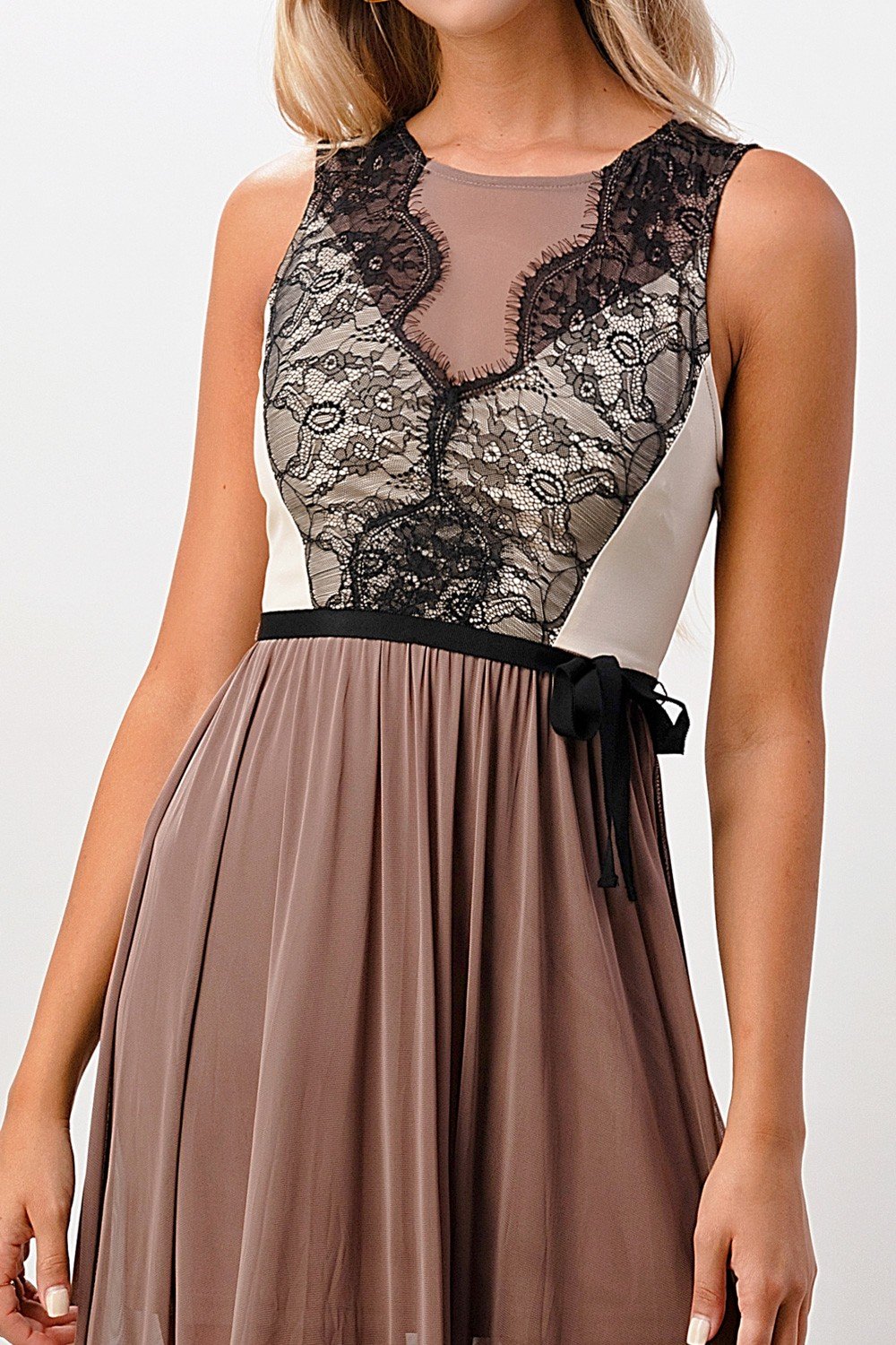 Elegant Sheer Maxi Dress with Lace Bodice and Flowing Skirt