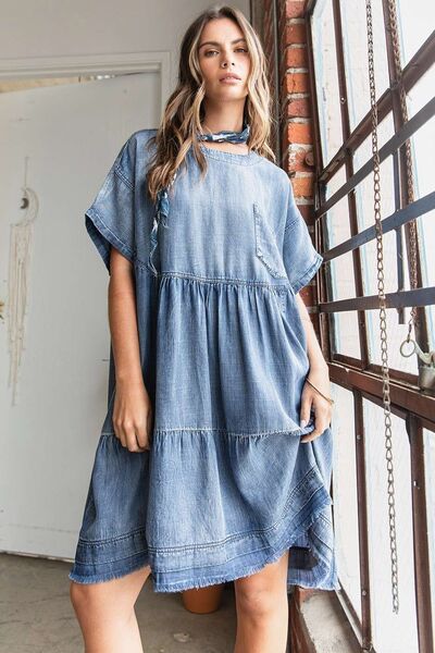 Mittoshop Designer Washed Chambray Denim Oversized Tier Mini Dress