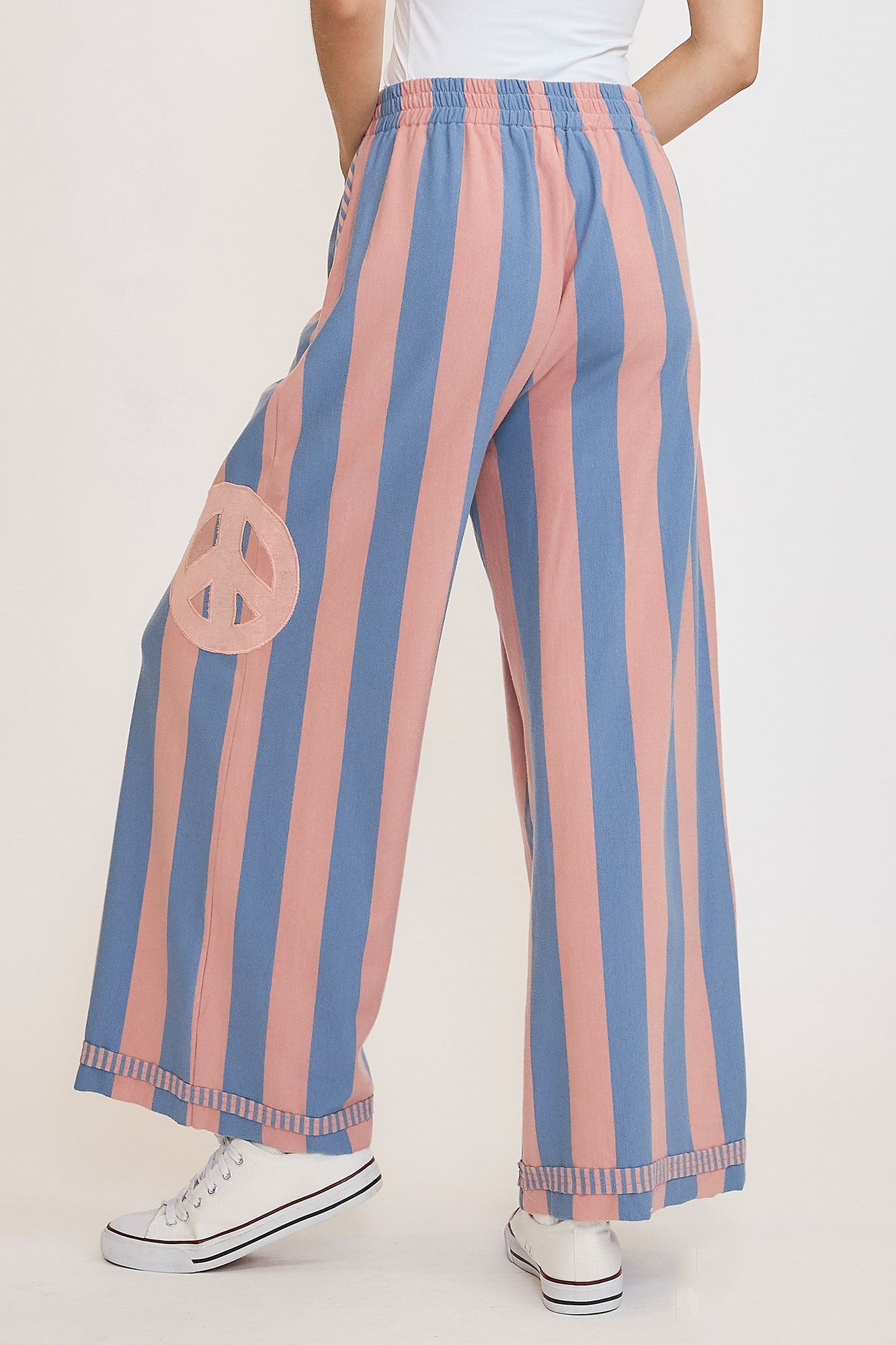 Umgee Peace Sign Patch Striped Wide Leg Pants