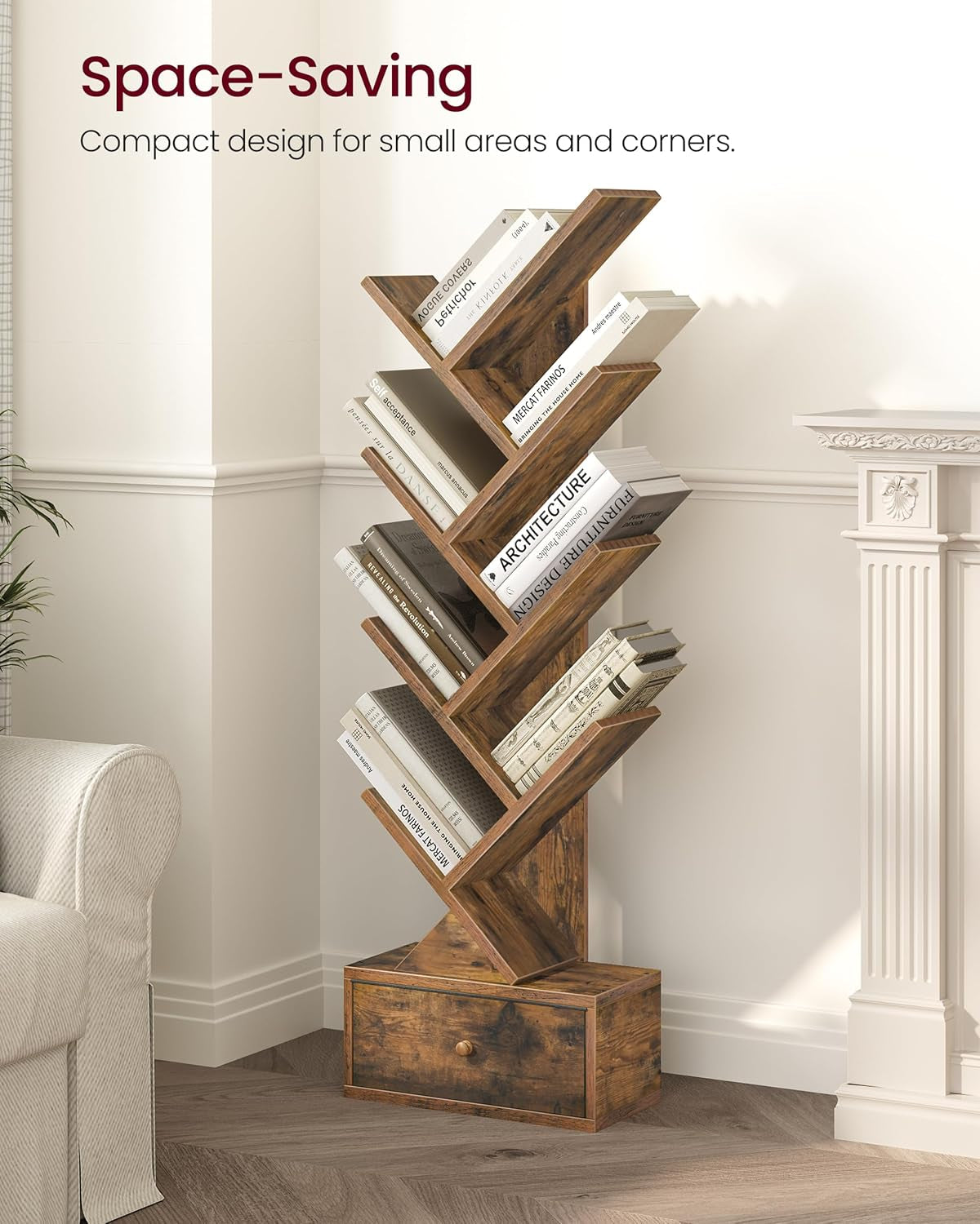 9 Tier Tree Book Shelf with Drawer, Floor Standing Bookshelf Storage