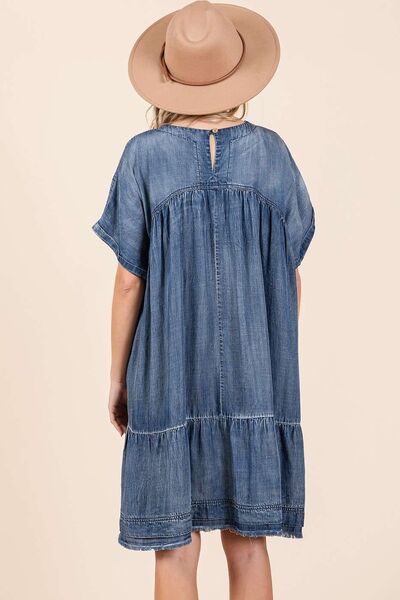 Mittoshop Designer Washed Chambray Denim Oversized Tier Mini Dress