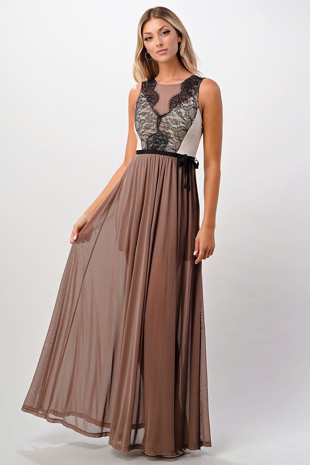 Elegant Sheer Maxi Dress with Lace Bodice and Flowing Skirt