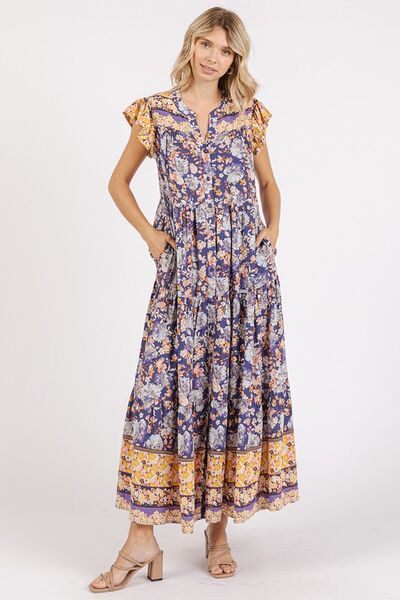 Floral Ruffled Notched Cap Sleeve Maxi Dress