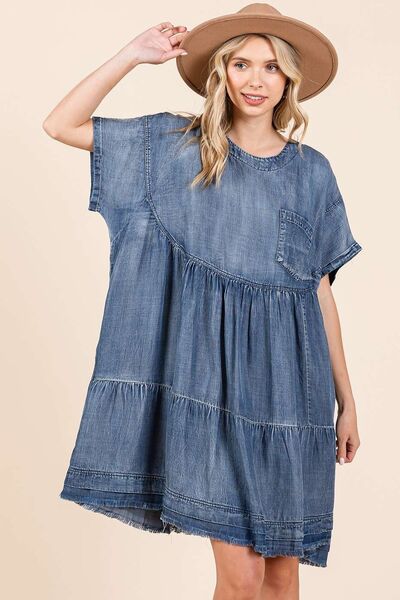 Mittoshop Designer Washed Chambray Denim Oversized Tier Mini Dress