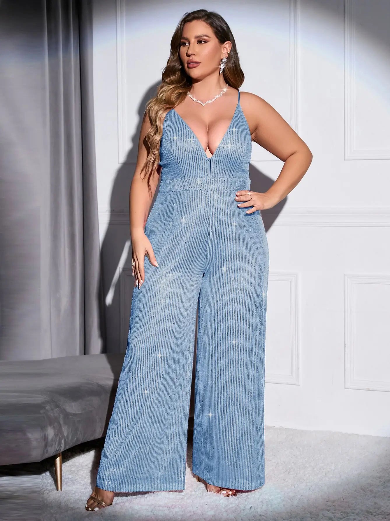 Cinemore 2023 Chic and Elegant Women Jumpsuit Plus Size Sequin Wide Leg trousers Deep V Neck Sexy Cami dresses for Prom Bodysuit