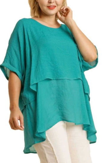 Umgee Full Size Cuffed Half Sleeve Layered Top Plus Size