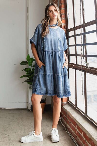 Mittoshop Designer Washed Chambray Denim Oversized Tier Mini Dress