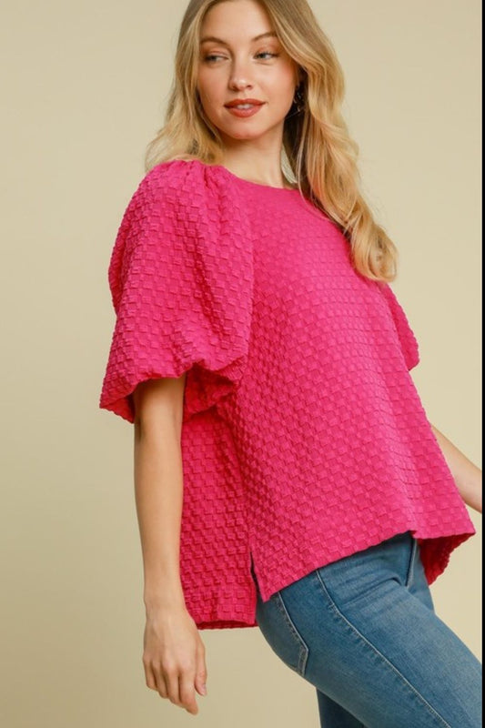 Umgee Full Size Boxy Cut Jacquard Round Neck Top with Side Slit Plus