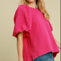 Umgee Full Size Boxy Cut Jacquard Round Neck Top with Side Slit Plus