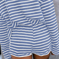 White Blue Striped Lounge Long Sleeves Shorts Set Size 2XL