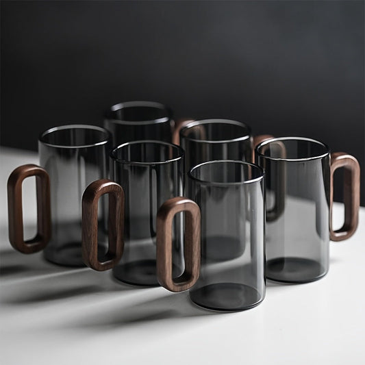 Ecofriendly Glass Mug Set with Dark Walnut Handle