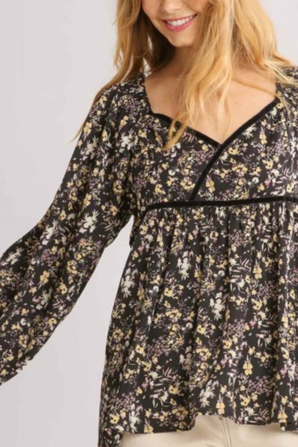 Umgee Full Size Floral Print Velvet Trimmed Balloon Sleeve Top Plus