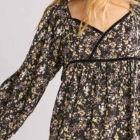 Umgee Full Size Floral Print Velvet Trimmed Balloon Sleeve Top Plus