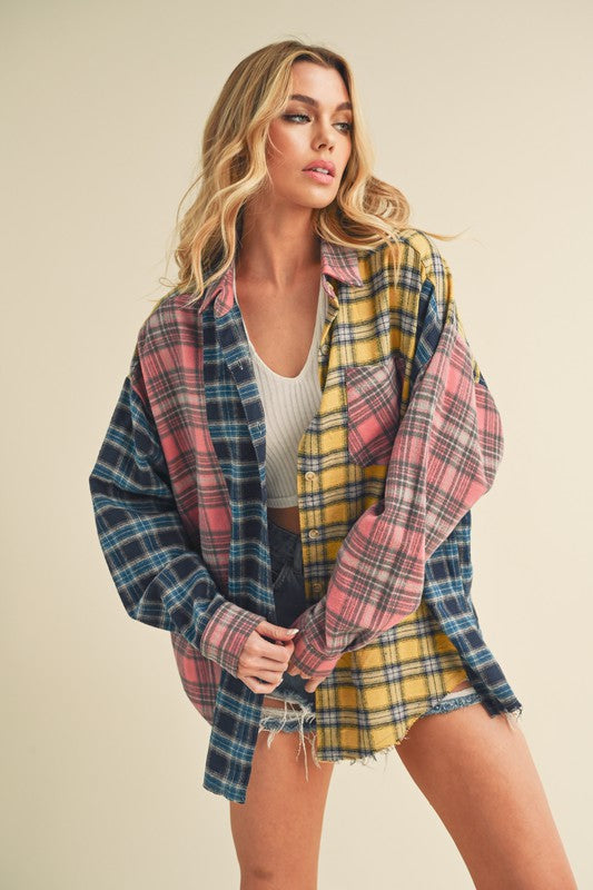 Aemi + Co Frayed Hem Color Block Plaid Drop Shoulder Shirt