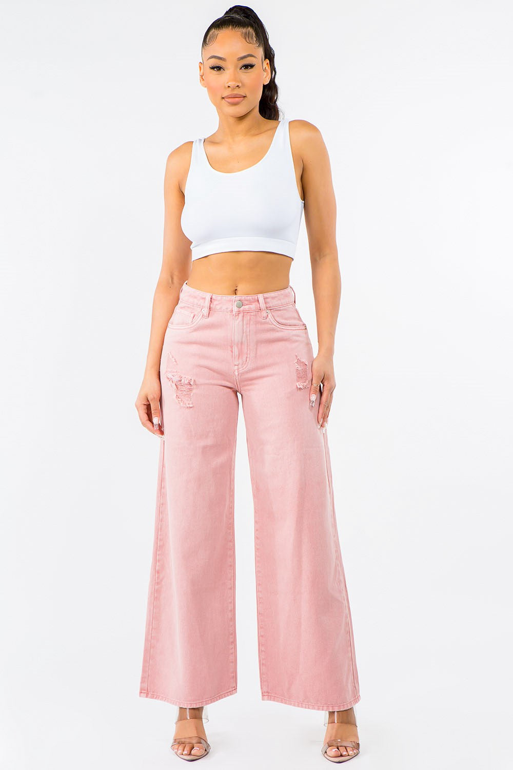 American Bazi High Waist Distressed Wide Leg Jeans