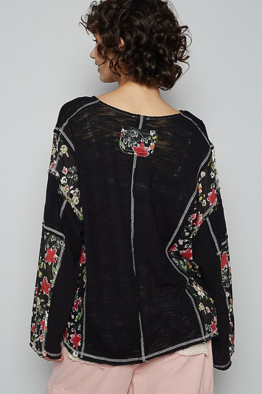 POL Floral Stud Detail Star Patch Notched Long Sleeve T-Shirt