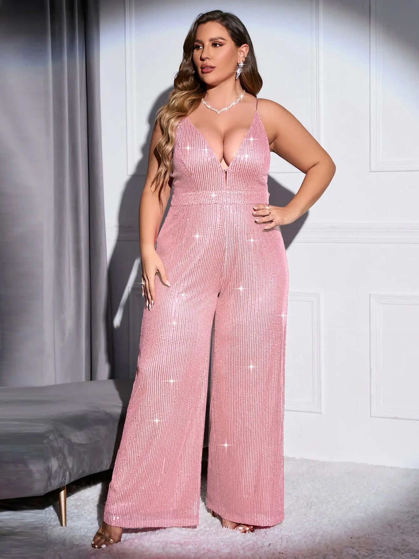 Cinemore 2023 Chic and Elegant Women Jumpsuit Plus Size Sequin Wide Leg trousers Deep V Neck Sexy Cami dresses for Prom Bodysuit