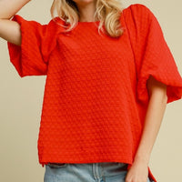 Umgee Full Size Boxy Cut Jacquard Round Neck Top with Side Slit Plus