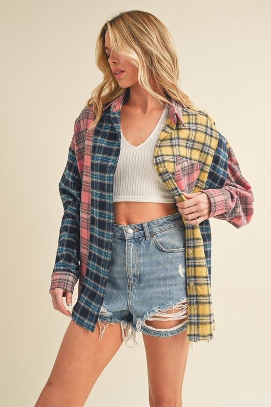 Aemi + Co Frayed Hem Color Block Plaid Drop Shoulder Shirt