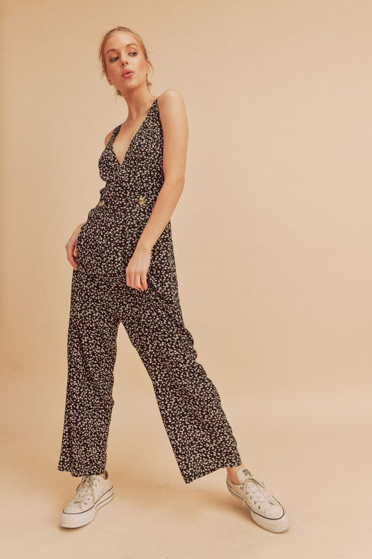 Aemi + Co Ditsy Floral Surplice Sleeveless Wide Leg Jumpsuit