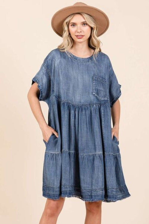 Mittoshop Designer Washed Chambray Denim Oversized Tier Mini Dress