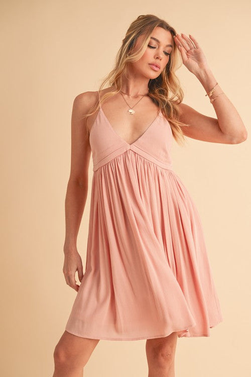 Aemi + Co Ruched Plunge Mini Cami Dress