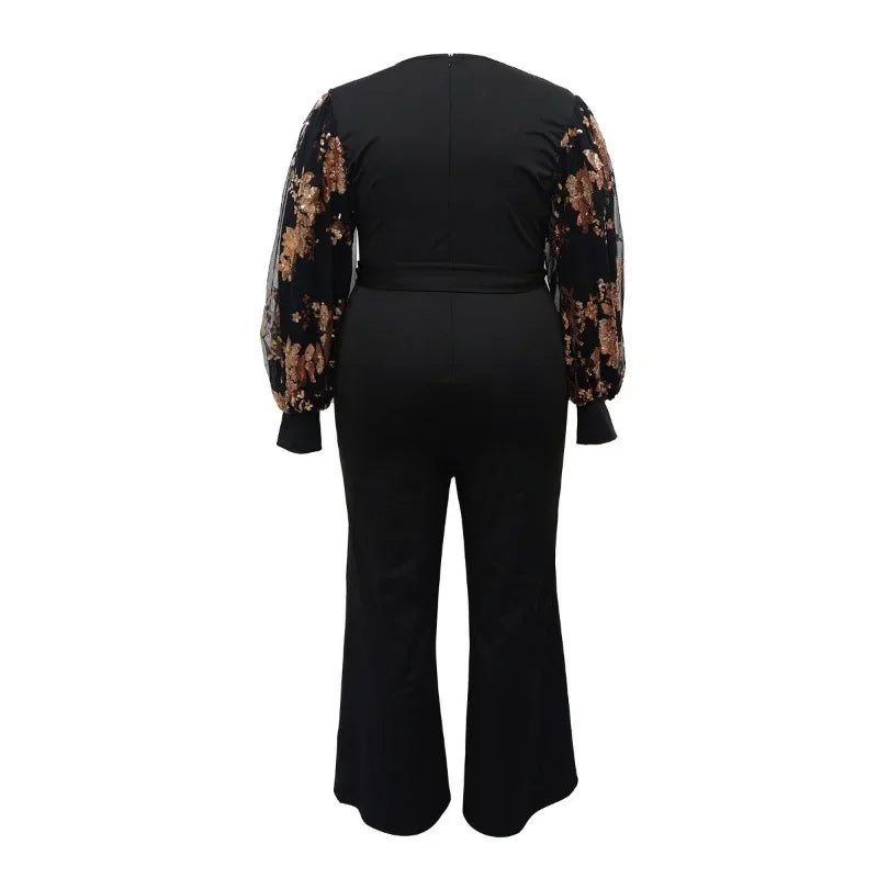 KEXU Plus Size Women Floral Puff Long Mesh Sleeve Wide Leg Straight Jumpsuits Summer Street Sexy Party Club Overall Playsuit