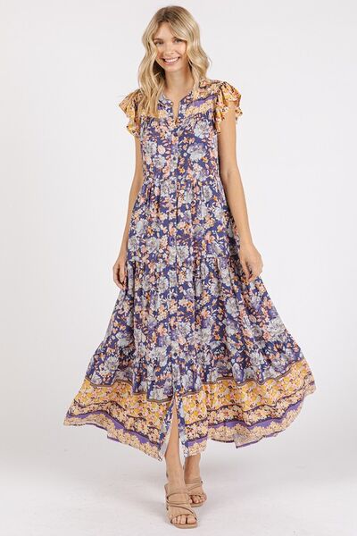 Floral Ruffled Notched Cap Sleeve Maxi Dress