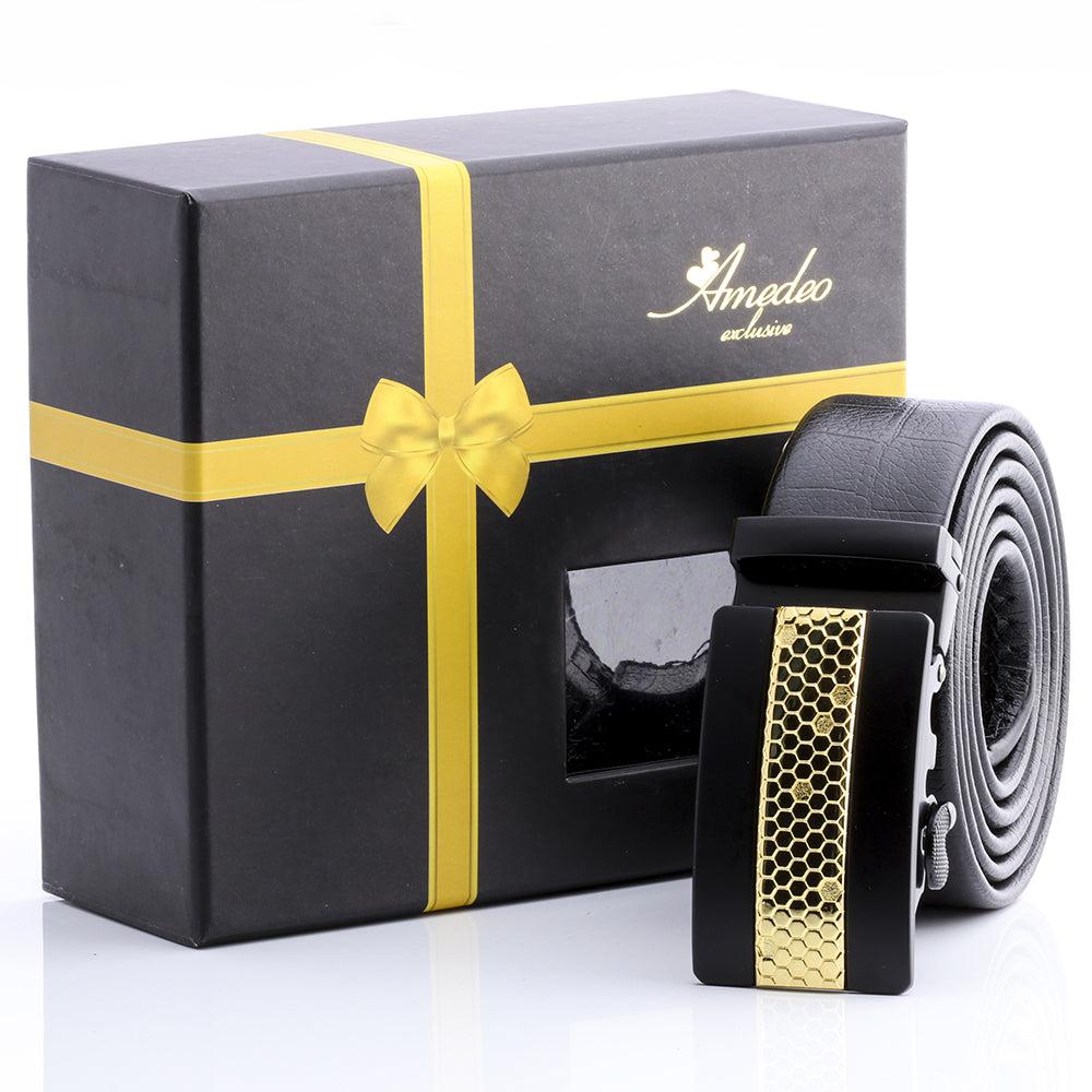 Men's Stainless Steel Black Belt with Gold & Black Buckle