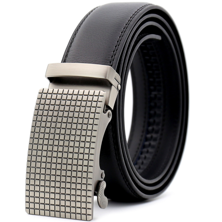 Black Belt Silver Checkered Buckle Mens Adjustable Ratchet Slide