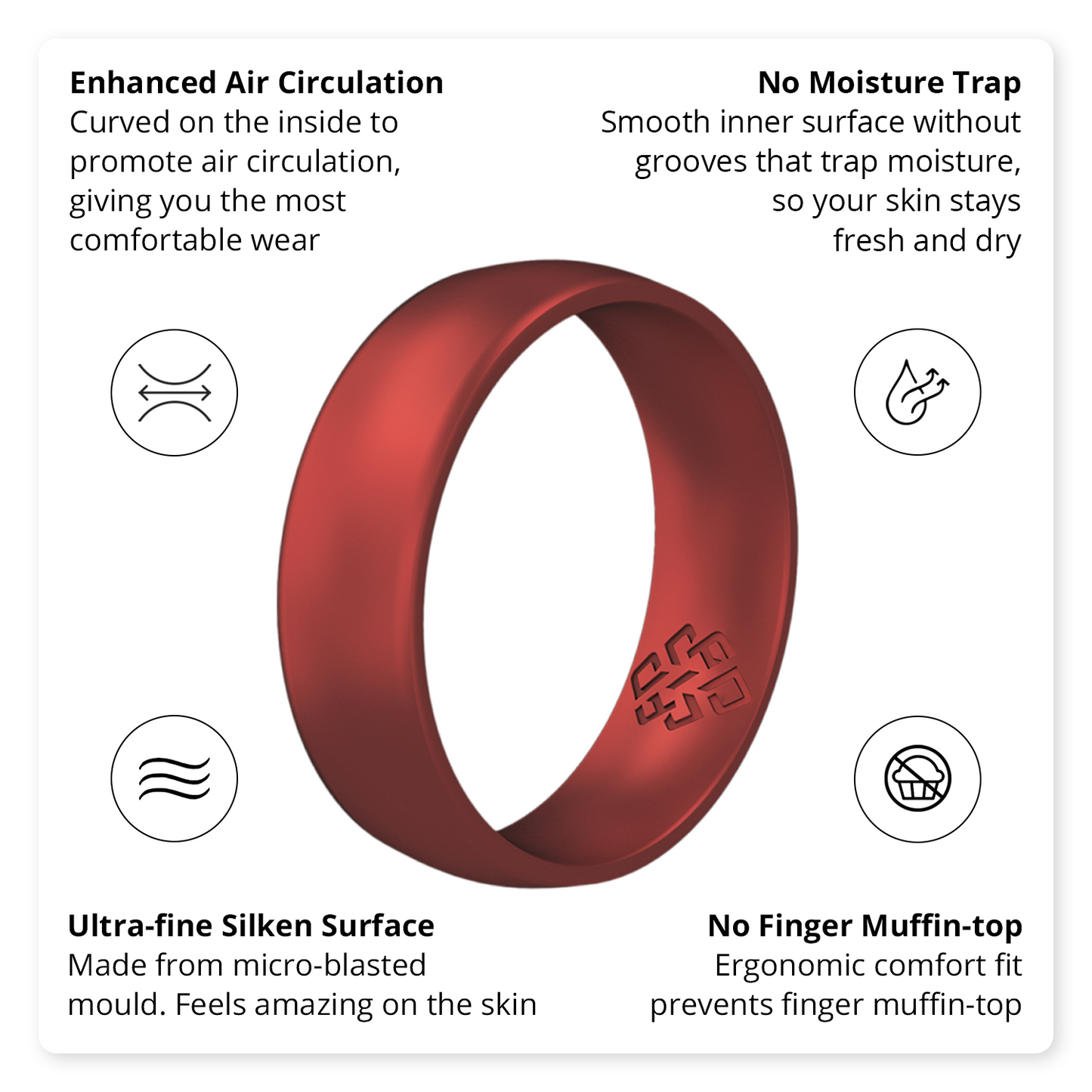 Satin Chrome Red Breathable Silicone Ring for Men and Women