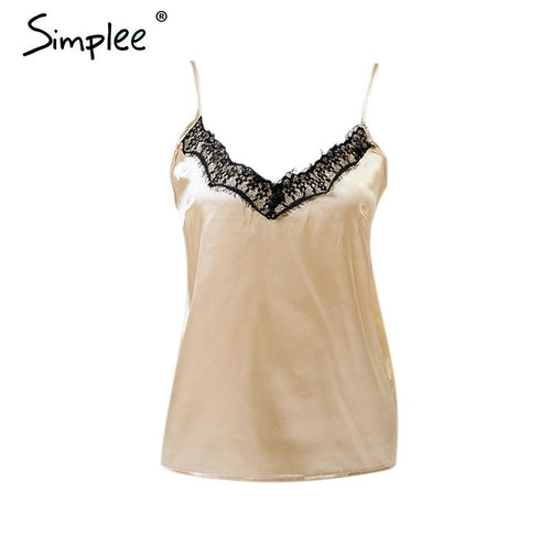 Women Sexy Solid Lace Satin Elegant V-neck Cami Black or Blue