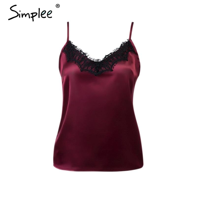 Women Sexy Solid Lace Satin Elegant V-neck Cami Black or Blue