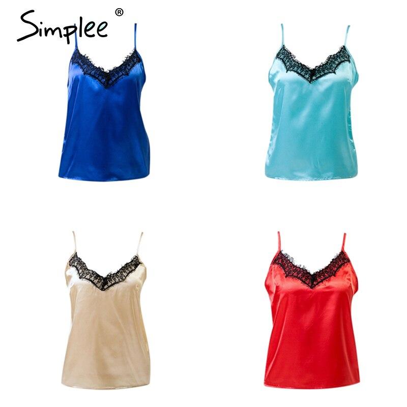 Women Sexy Solid Lace Satin Elegant V-neck Cami Black or Blue