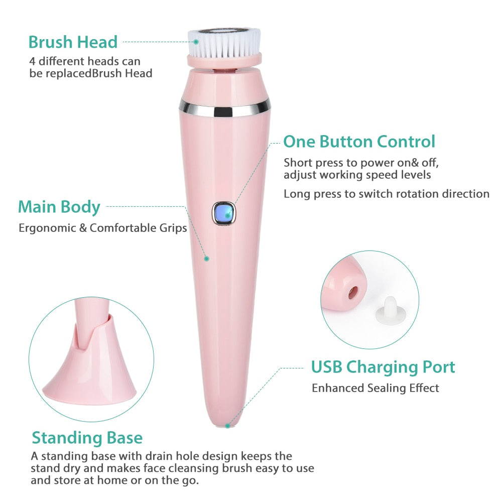 4 in 1 Facial Cleansing Brush Rechargeable Electric Waterproof Spin