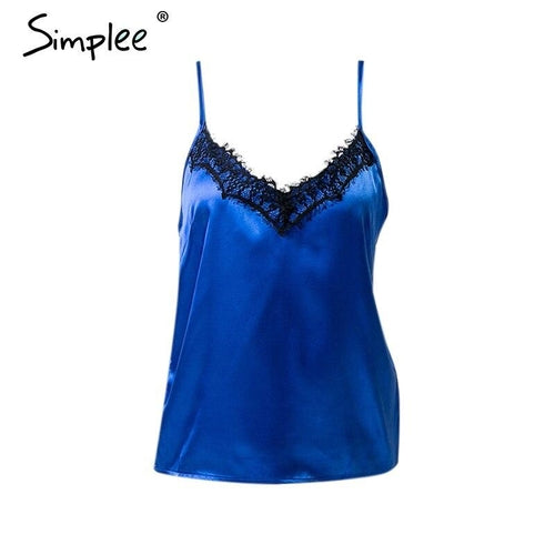 Women Sexy Solid Lace Satin Elegant V-neck Cami Black or Blue