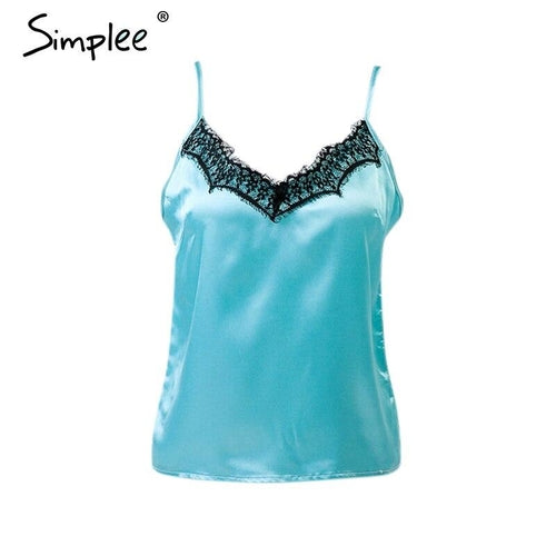 Women Sexy Solid Lace Satin Elegant V-neck Cami Black or Blue