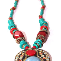 Turquoise & Red Coral Medallion Necklace