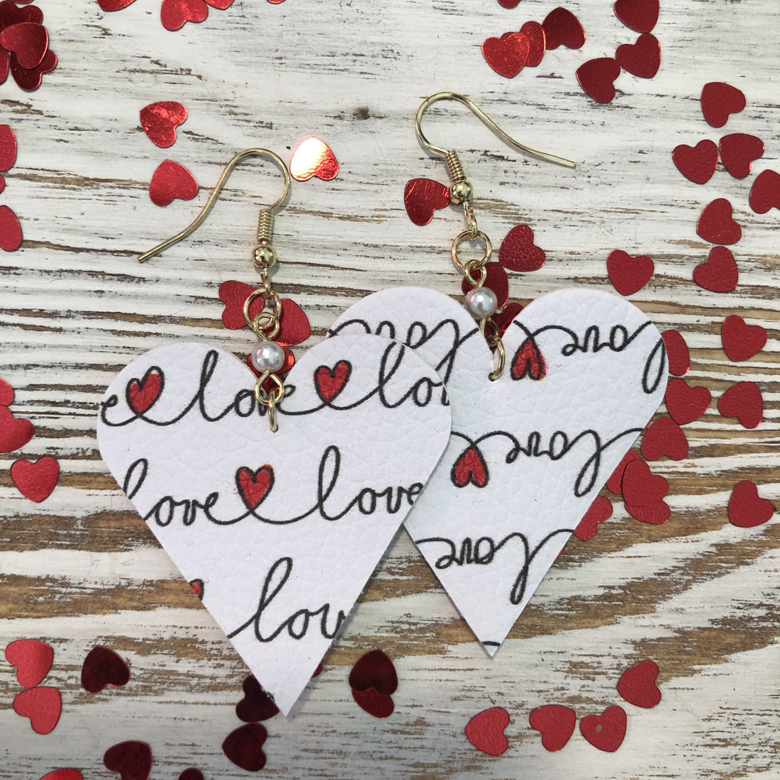 White Love Scrawled Mini Heart Leather Pearl Earrings