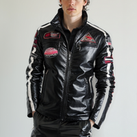 Mens Biker Vegan Leather Jacket With Badges