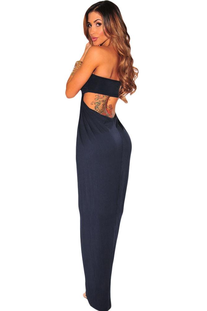 Navy Blue Draped Hollow-out Maxi Dress SIZE M