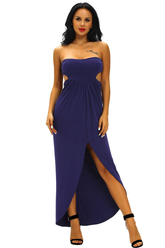 Navy Blue Draped Hollow-out Maxi Dress SIZE M