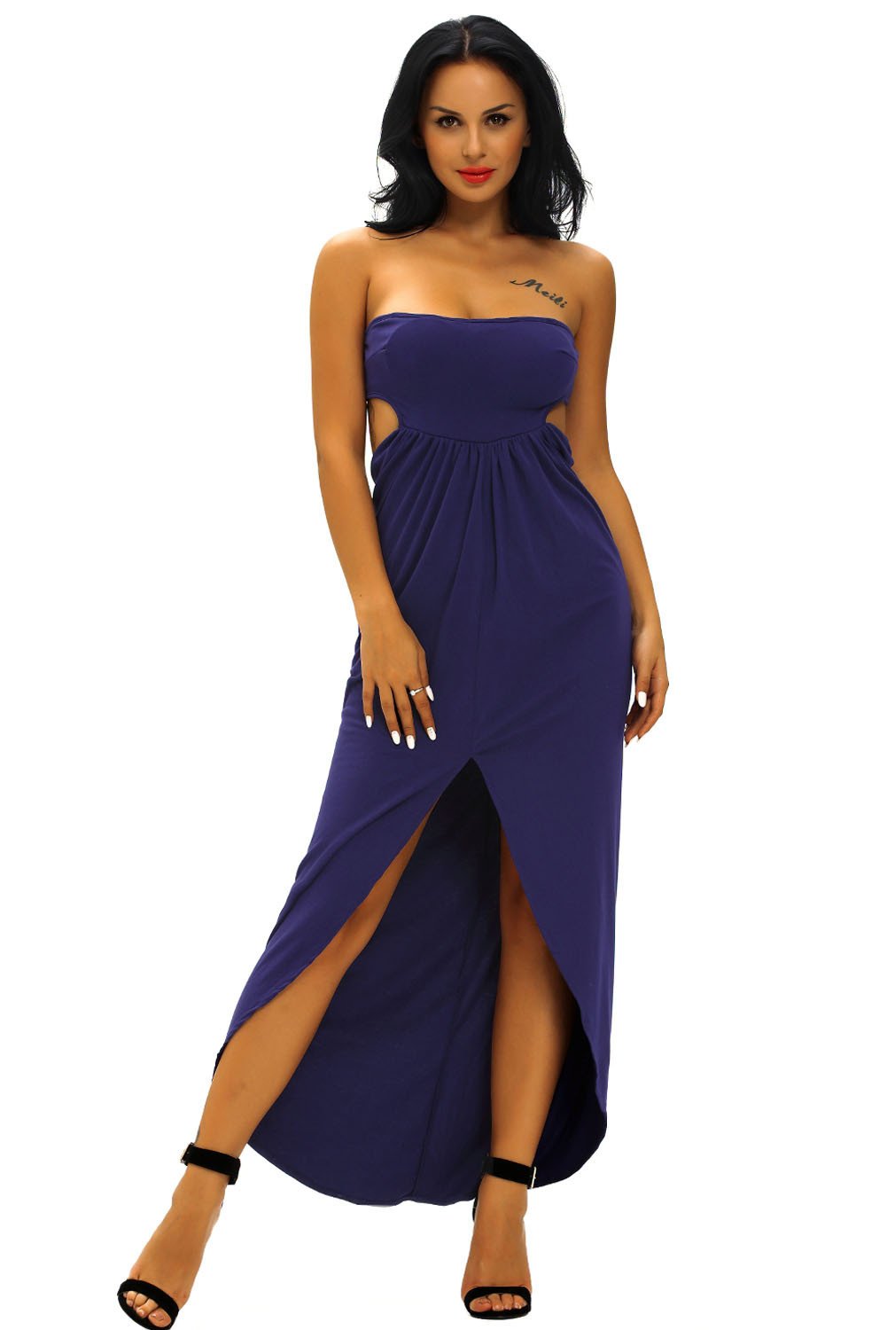 Navy Blue Draped Hollow-out Maxi Dress SIZE M