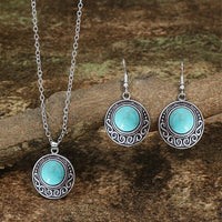 Retro Antique Turquoise Pendant Necklace & Earrings Set