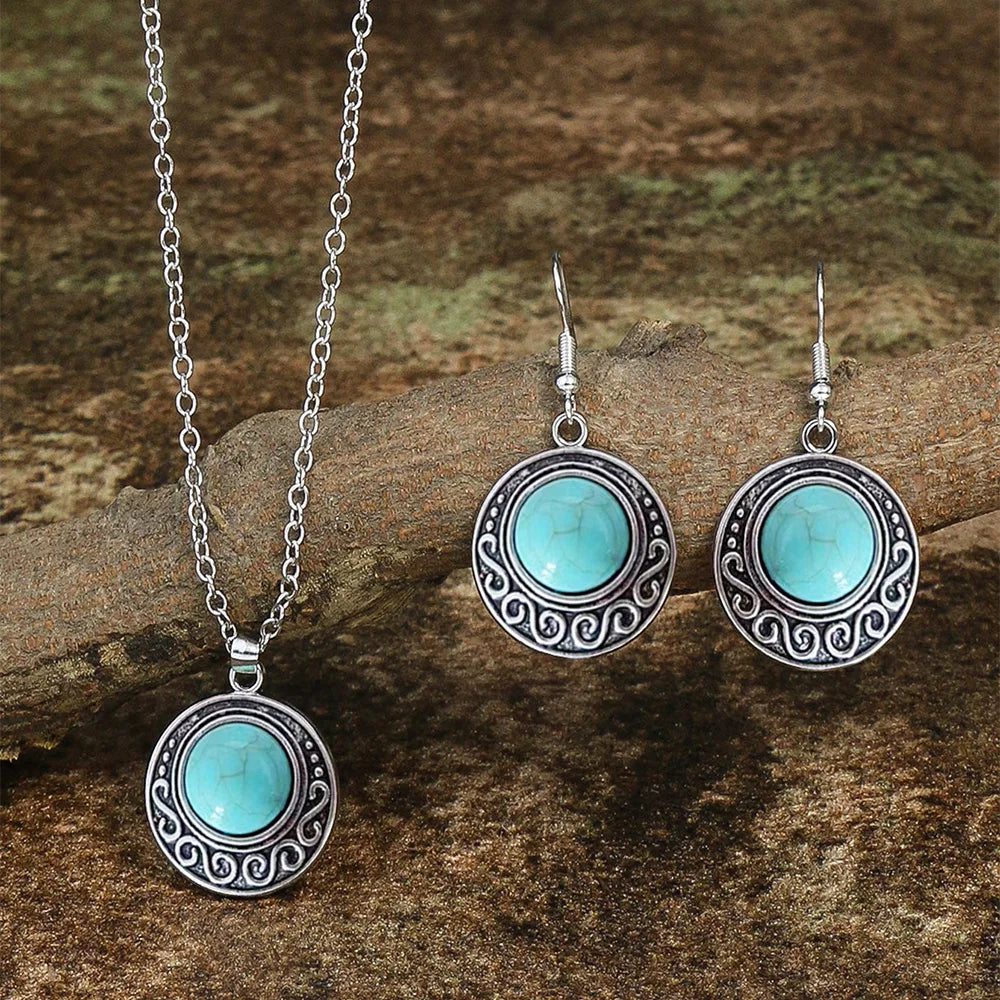 Retro Antique Turquoise Pendant Necklace & Earrings Set