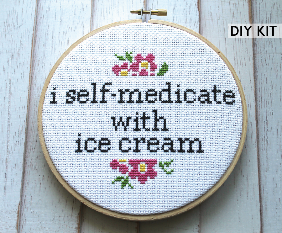 I Self-Medicate With Ice Cream Counted Cross Stitch DIY KIT